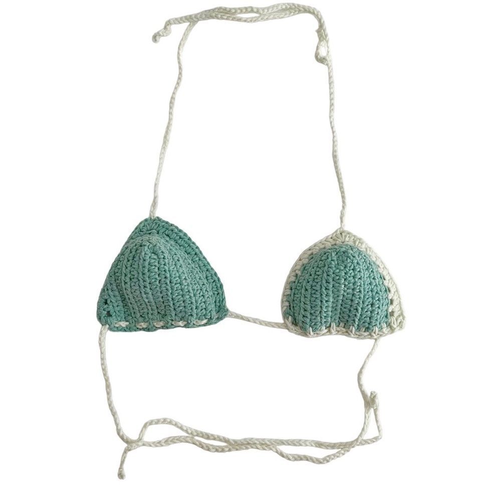 Hand Crafted Crochet Itty Bitty Crochet Bikini Top Size S Teal White
